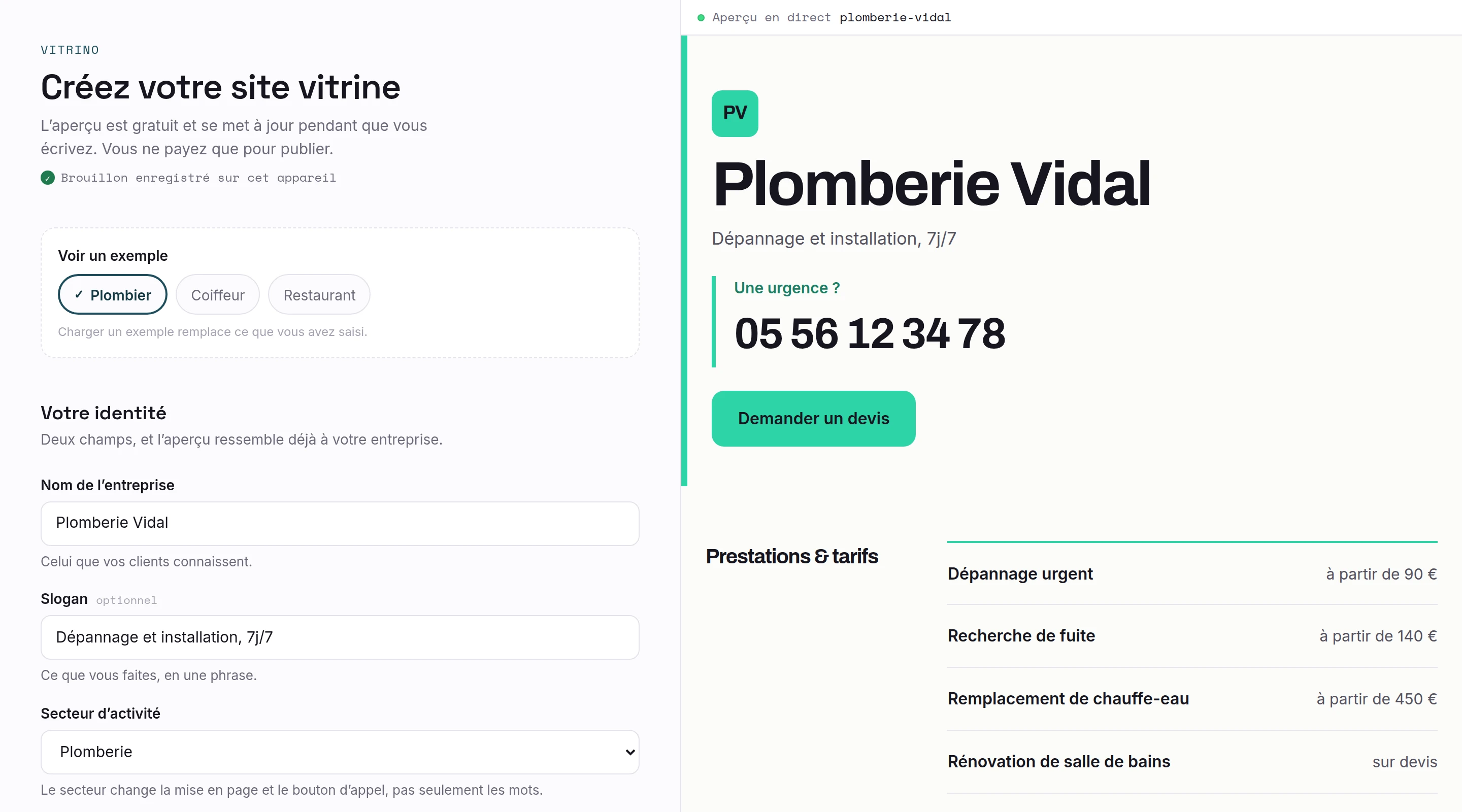 L’outil Vitrino : à gauche le formulaire avec le nom et le secteur, à droite le site du plombier qui se met à jour en direct.