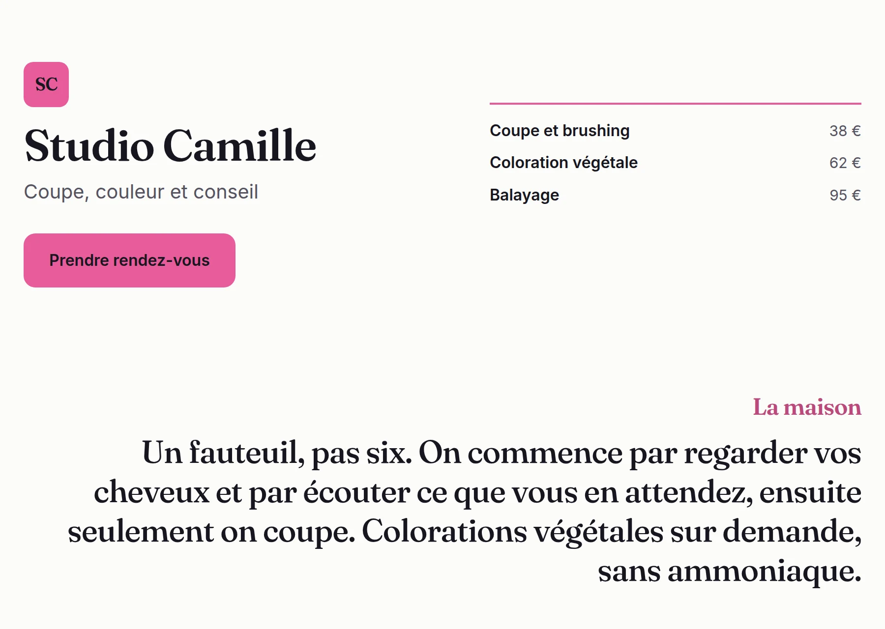 Site généré pour Studio Camille, métier : Coiffure
