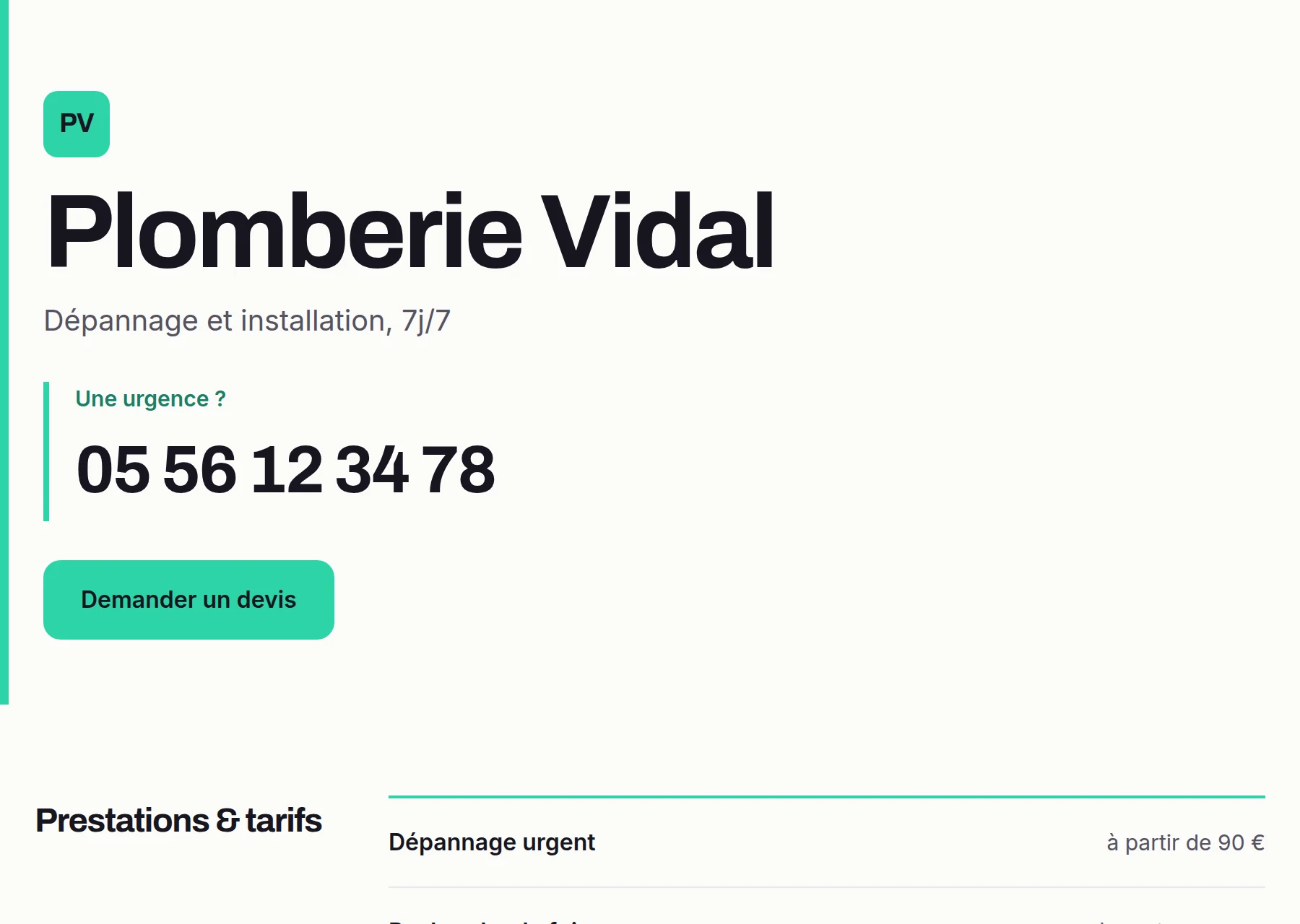 Le site d’un plombier généré par Vitrino : son nom en grand, son numéro d’urgence mis en avant, puis ses prestations et ses tarifs.